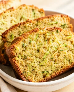 Golden zucchini bread slices in a cream bowl with visible green specks.
