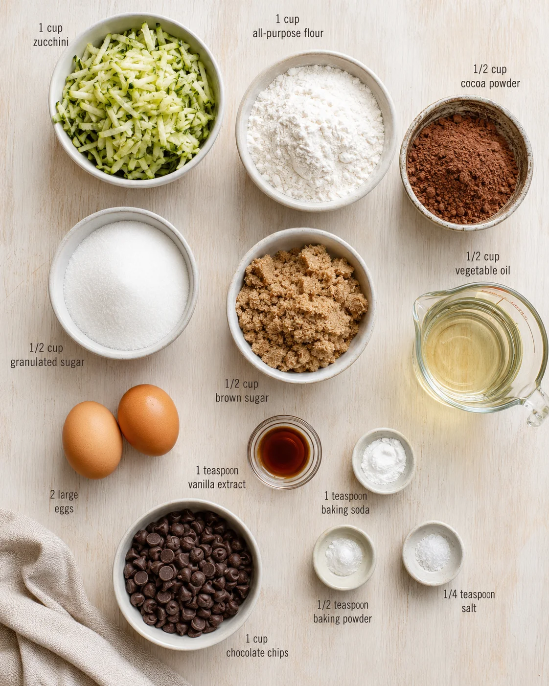 Overhead view of ingredients for zucchini brownies arranged in bowls on a light wood surface.