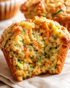 Close-up of a crumbly muffin slice studded with carrot shreds and zucchini.