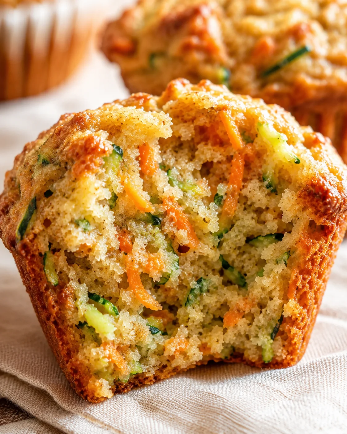 Close-up of a crumbly muffin slice studded with carrot shreds and zucchini.