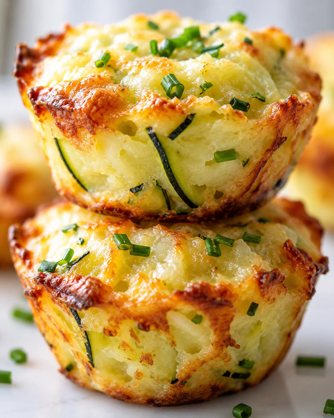 Stack of golden zucchini cheddar muffins topped with chopped chives.
