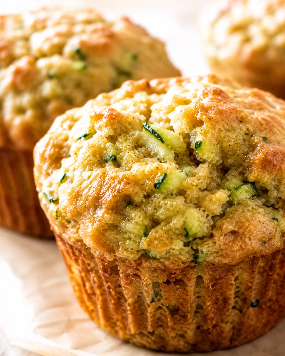 Close-up view of golden zucchini cheddar muffins with green zucchini flecks on parchment.