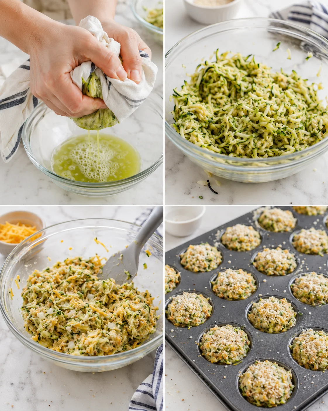 Collage showing squeezing zucchini, mixing with cheese, and forming zucchini-cheese bites in a muffin tin.