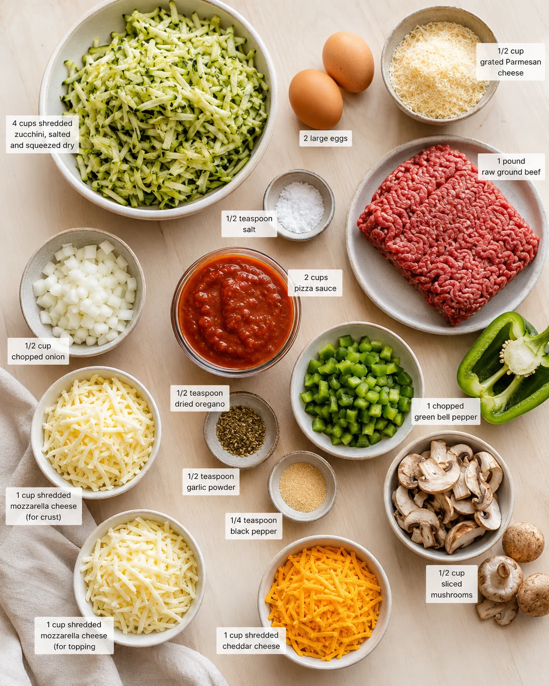 top-down view of a countertop with bowls of zucchini, beef, eggs, cheeses, and vegetables