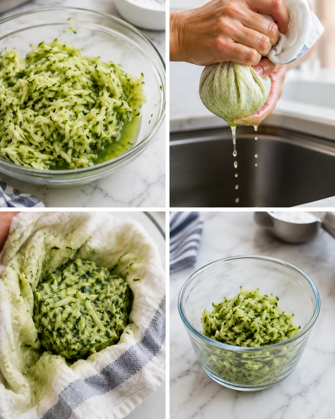collage illustrating grated zucchini with herbs, wringing moisture, and the herb-green dough in a bowl.