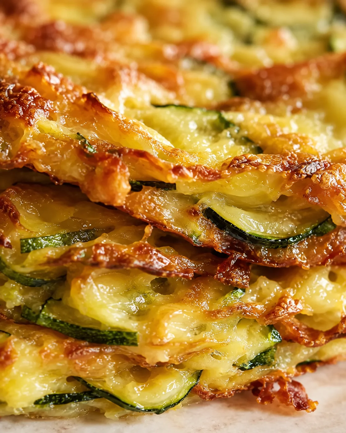 Close-up of stacked zucchini lasagna slices with melted cheese and crispy edges.