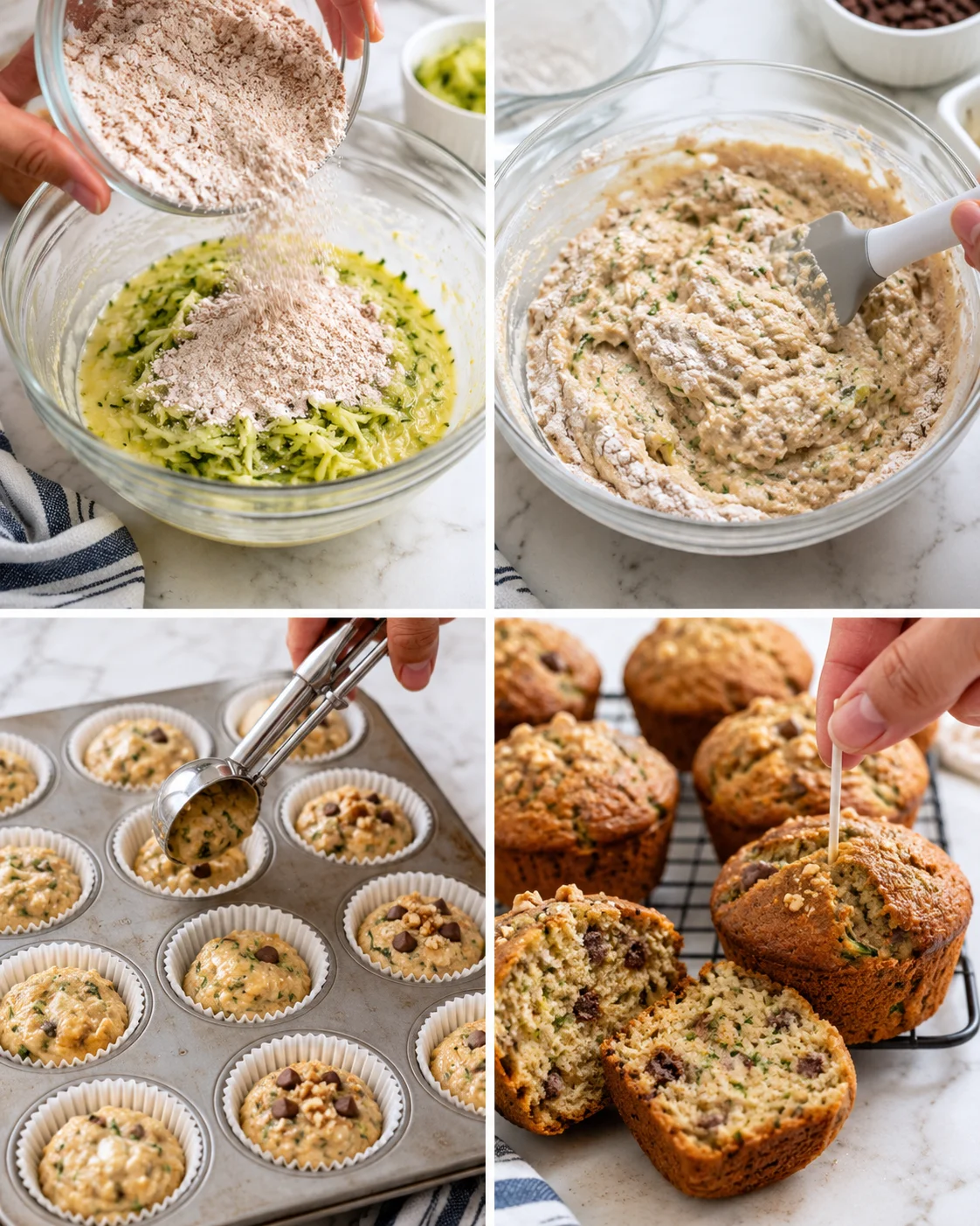 Four-panel collage showing zucchini batter prep, filling muffin cups, and freshly baked muffins.