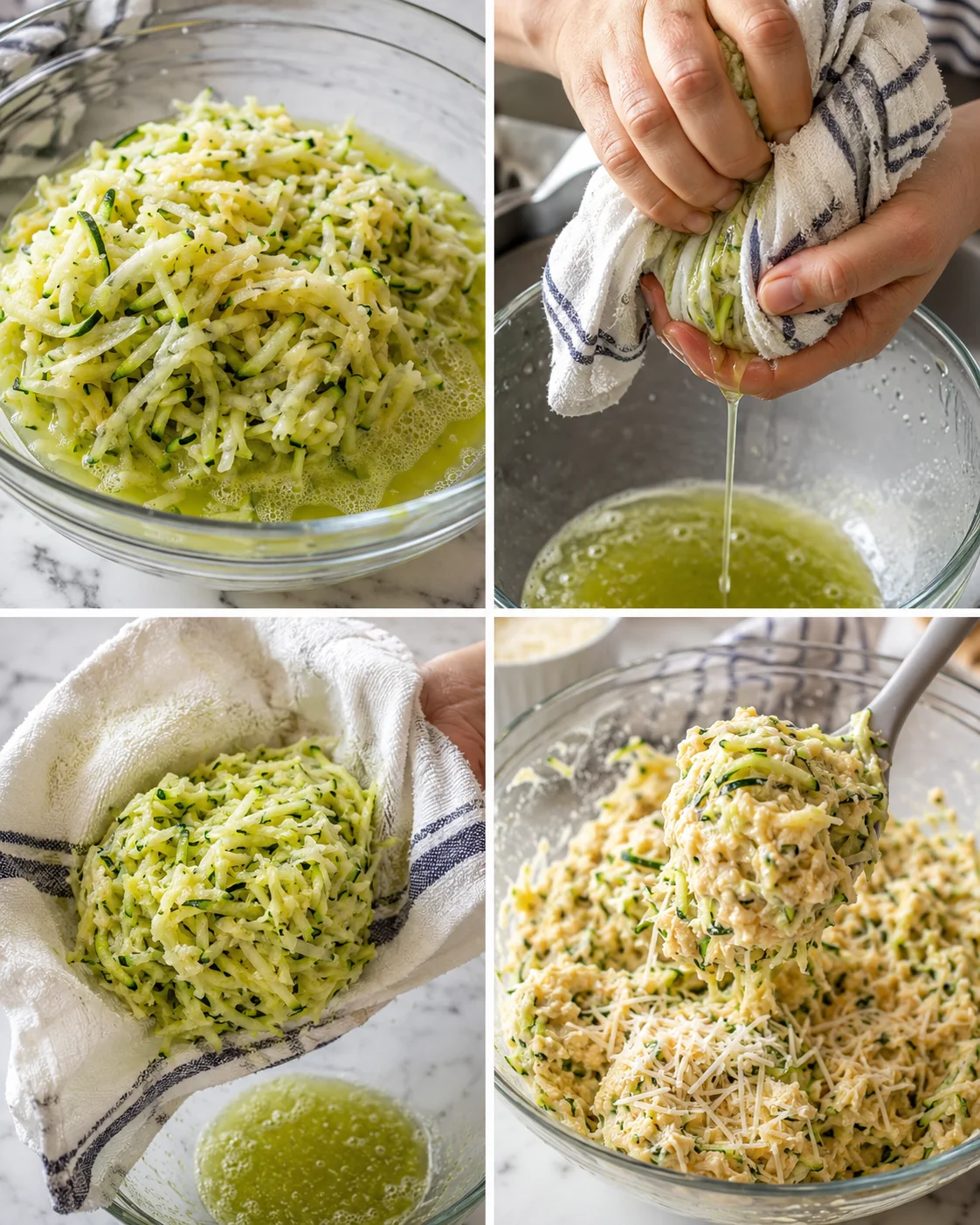 collage showing zucchini noodles being prepared: squeezing, draining, and mixing with cheese