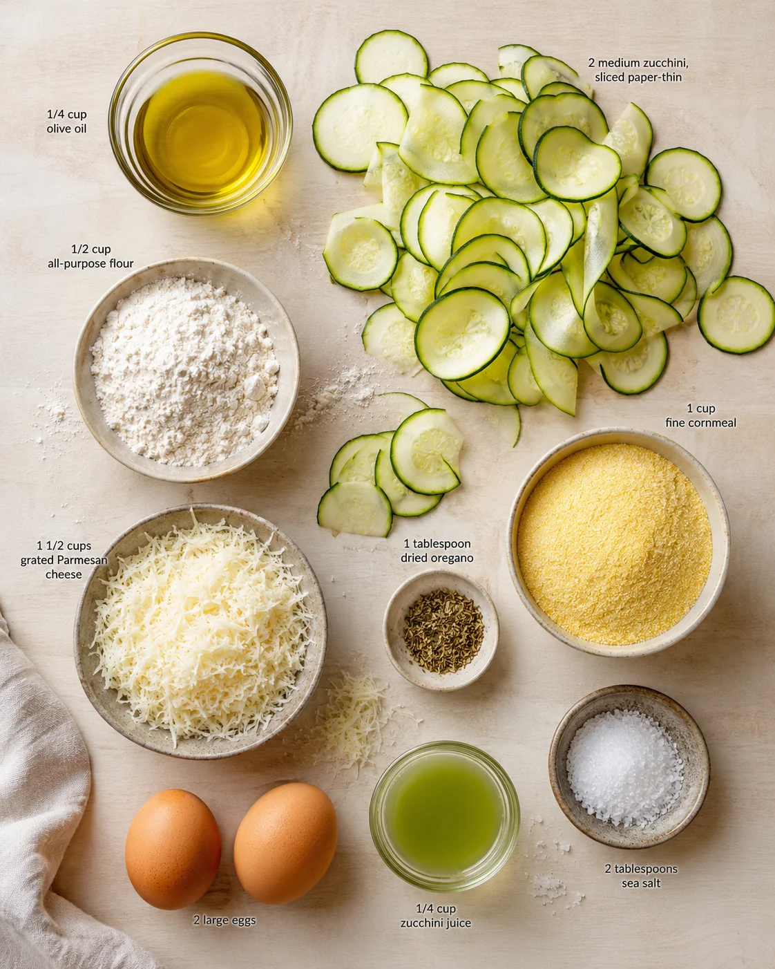 Overhead shot of zucchini slices and baking ingredients arranged on a light wooden board.