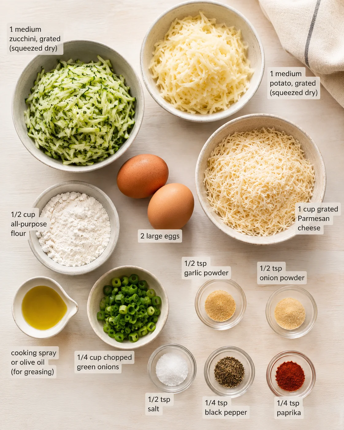 Flat lay of bowls with grated zucchini, potato, cheese, eggs, flour, and spices labeled for recipe.