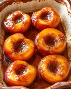 Juicy baked nectarines topped with warm cinnamon honey sauce in a baking dish.