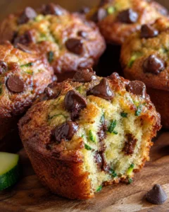 Close-up of moist zucchini chocolate chip muffins with gooey chocolate chips on top