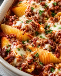Delicious baked beef stuffed pasta shells topped with melted cheese and herbs.