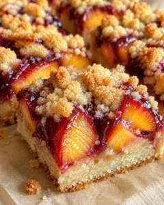 Close-up of golden crumble bars with juicy nectarines and caramelized edges.
