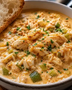 Creamy crab stew with vegetables and seasoned broth in a cozy bowl