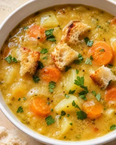 A warm bowl of hearty carrot potato soup garnished with croutons and herbs.