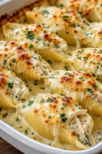 Baked pasta shells filled with creamy chicken and cheese under golden cheese