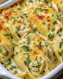 Creamy chicken and broccoli stuffed shells with melted cheese on top.