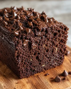 Delicious, moist chocolate zucchini bread topped with mini chocolate chips on a wooden surface