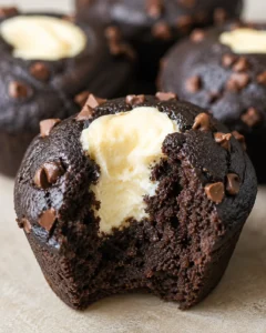 Close-up of a moist chocolate muffin with a creamy cheese center and chocolate chips