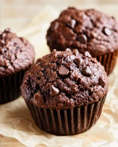 Close-up of moist chocolate zucchini muffins with chocolate chips on top.