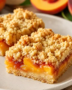 Close-up of juicy nectarine bars with crunchy crumbly topping on a plate.