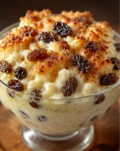 Creamy rice pudding topped with raisins and nutmeg in a glass bowl.