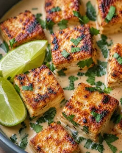 Crispy tofu cubes topped with fresh herbs and lime slices for a flavorful vegan dish.