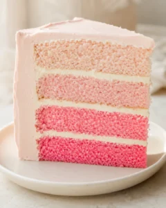 A vibrant, multilayer vanilla cake with pink and cream frosting, on a white plate.
