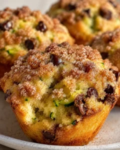 Close-up of moist zucchini chocolate chip muffins topped with cinnamon streusel