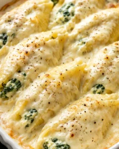 Baked shells filled with cheese, spinach, and topped with Alfredo sauce.