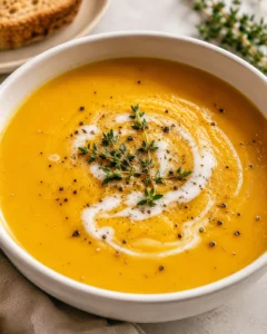 A bowl of vibrant, creamy carrot ginger soup garnished with fresh herbs