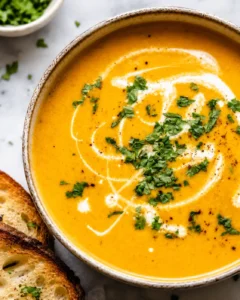 A bowl of smooth, orange carrot soup garnished with herbs and cream swirl