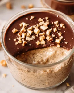 Delicious creamy peanut butter chia pudding with a snap-worthy dark chocolate shell topped with chopped nuts.