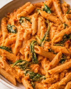 Close-up of a bowl of creamy pasta with red lentils, spinach, and goat cheese
