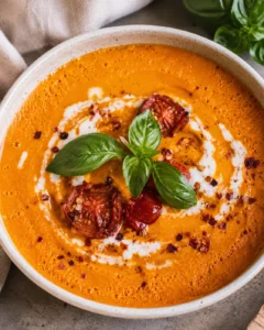A bowl of creamy roasted tomato carrot soup garnished with basil and sun-dried tomatoes.