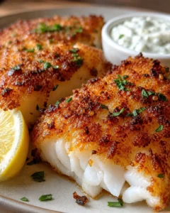 Golden and crispy air fryer cod fillets served with lemon and dipping sauce.
