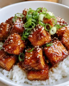 Crispy tofu cubes topped with green scallions and sesame seeds, glazed in honey garlic sauce