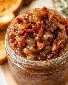 Close-up of savory bacon caramelized onion jam in a glass jar