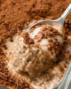 Creamy tiramisu chia pudding topped with cocoa powder and cocoa crumbs
