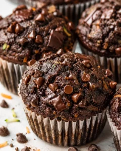 Close-up of moist, fudgy chocolate zucchini muffins topped with chocolate chips.
