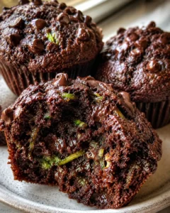 Delicious, moist zucchini chocolate muffins with gooey chocolate chips and veggie secret