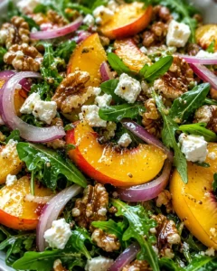 Colorful peach and arugula salad with walnuts, cheese, and balsamic dressing