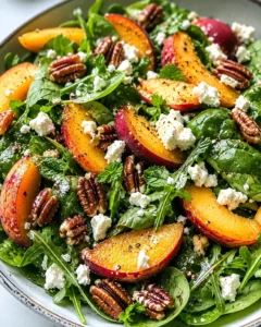 Colorful fresh peach salad with greens, nuts, and cheese on a plate.