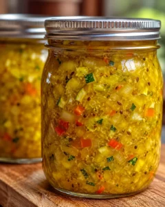 Jar of colorful homemade zucchini relish with chopped vegetables and spices