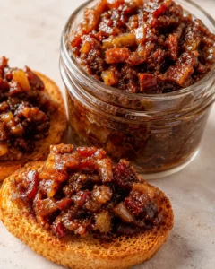 Delicious bacon jam spread on toasted bread with cooked bacon pieces