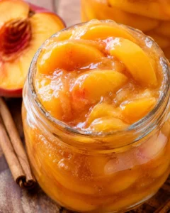 Close-up of canned peach pie filling in a glass jar with peeled peaches inside
