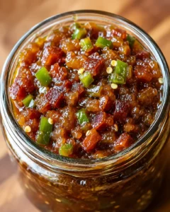Close-up of a jar filled with spicy, smoky homemade bacon jam with diced jalapeños.