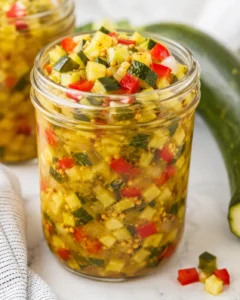 Colorful jar of homemade zucchini relish with diced vegetables inside.