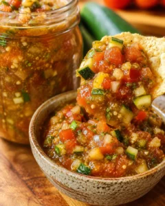 Close-up of vibrant homemade zucchini salsa in a jar and bowl, ready for canning.